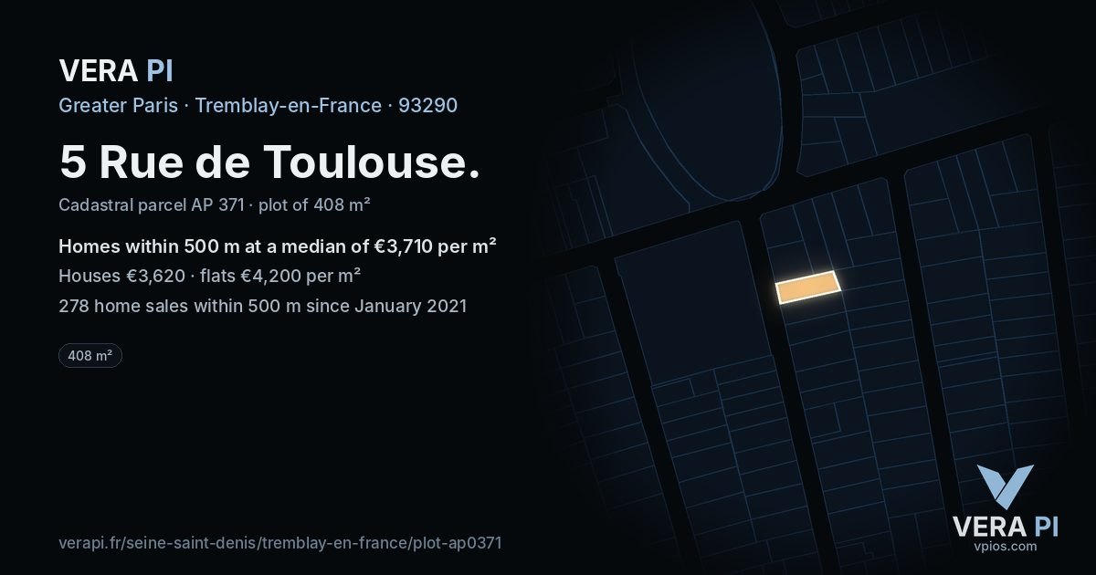5 Rue de Toulouse, Tremblay-en-France at night – the plot lit, the parcels around coloured by the prices near them