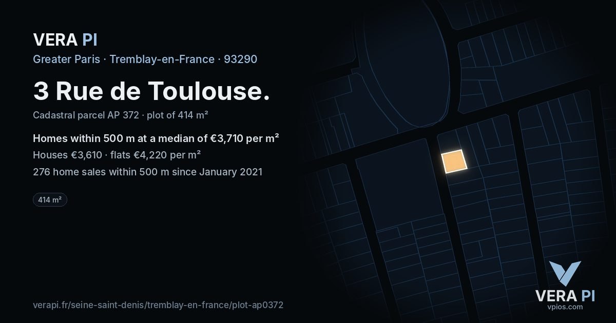 3 Rue de Toulouse, Tremblay-en-France at night – the plot lit, the parcels around coloured by the prices near them