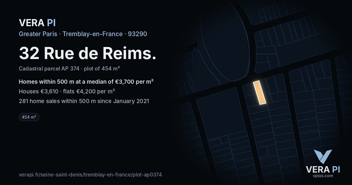 32 Rue de Reims, Tremblay-en-France at night – the plot lit, the parcels around coloured by the prices near them