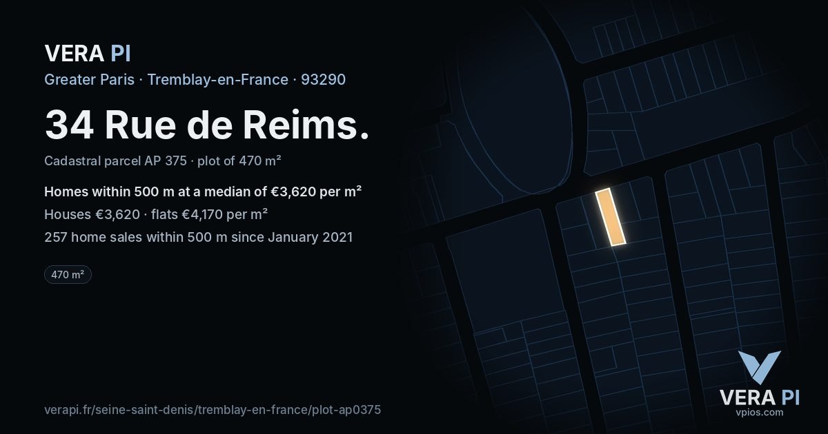 34 Rue de Reims, Tremblay-en-France at night – the plot lit, the parcels around coloured by the prices near them