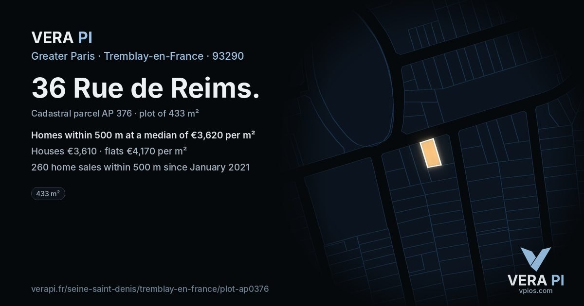 36 Rue de Reims, Tremblay-en-France at night – the plot lit, the parcels around coloured by the prices near them