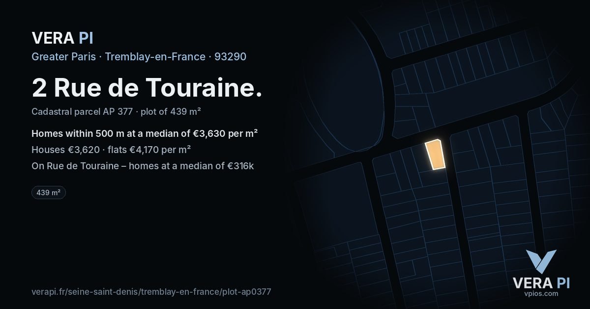 2 Rue de Touraine, Tremblay-en-France at night – the plot lit, the parcels around coloured by the prices near them