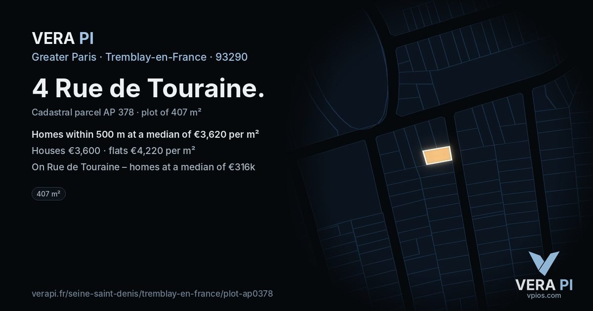 4 Rue de Touraine, Tremblay-en-France at night – the plot lit, the parcels around coloured by the prices near them