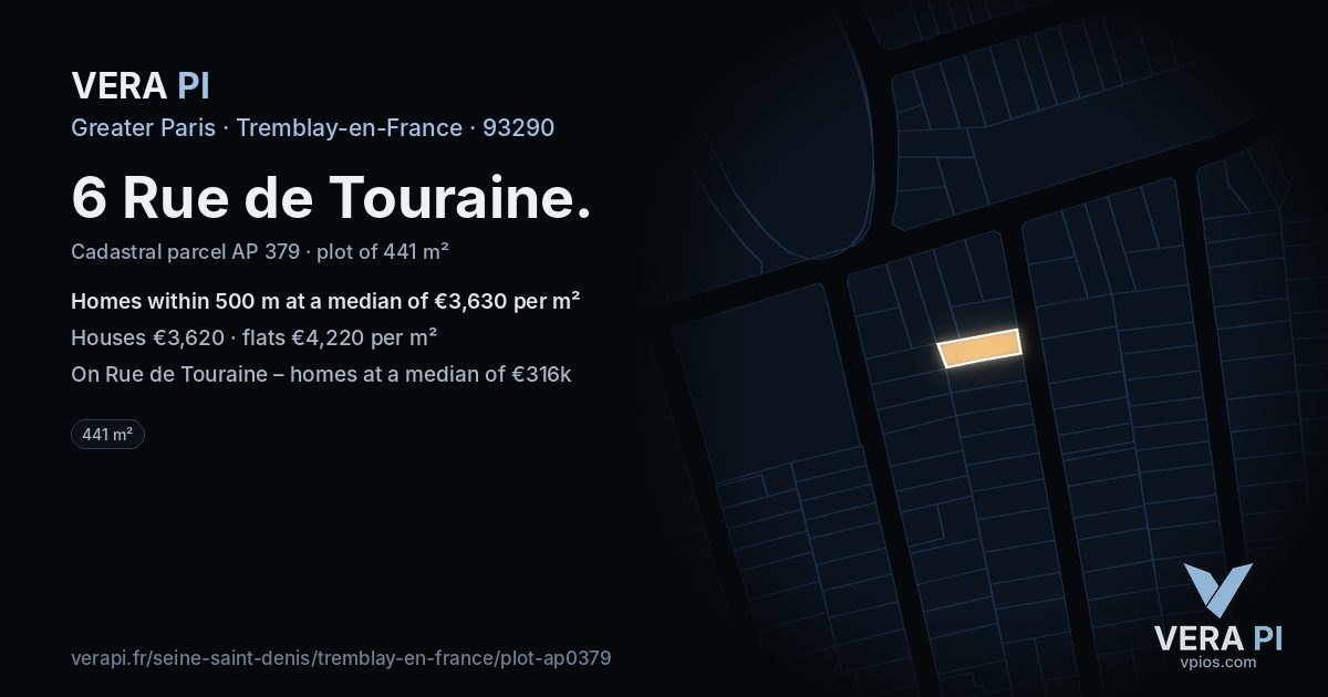 6 Rue de Touraine, Tremblay-en-France at night – the plot lit, the parcels around coloured by the prices near them