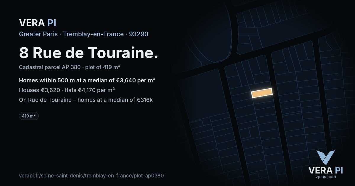 8 Rue de Touraine, Tremblay-en-France at night – the plot lit, the parcels around coloured by the prices near them