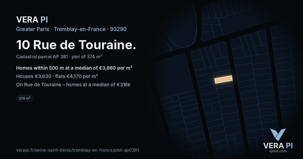 10 Rue de Touraine, Tremblay-en-France at night – the plot lit, the parcels around coloured by the prices near them