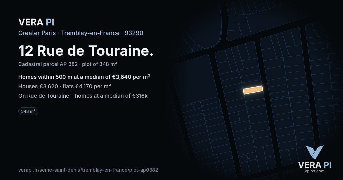 12 Rue de Touraine, Tremblay-en-France at night – the plot lit, the parcels around coloured by the prices near them
