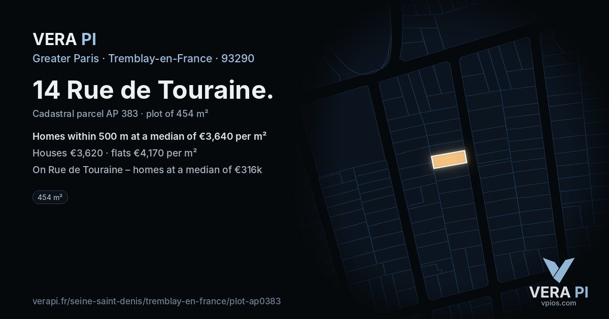 14 Rue de Touraine, Tremblay-en-France at night – the plot lit, the parcels around coloured by the prices near them