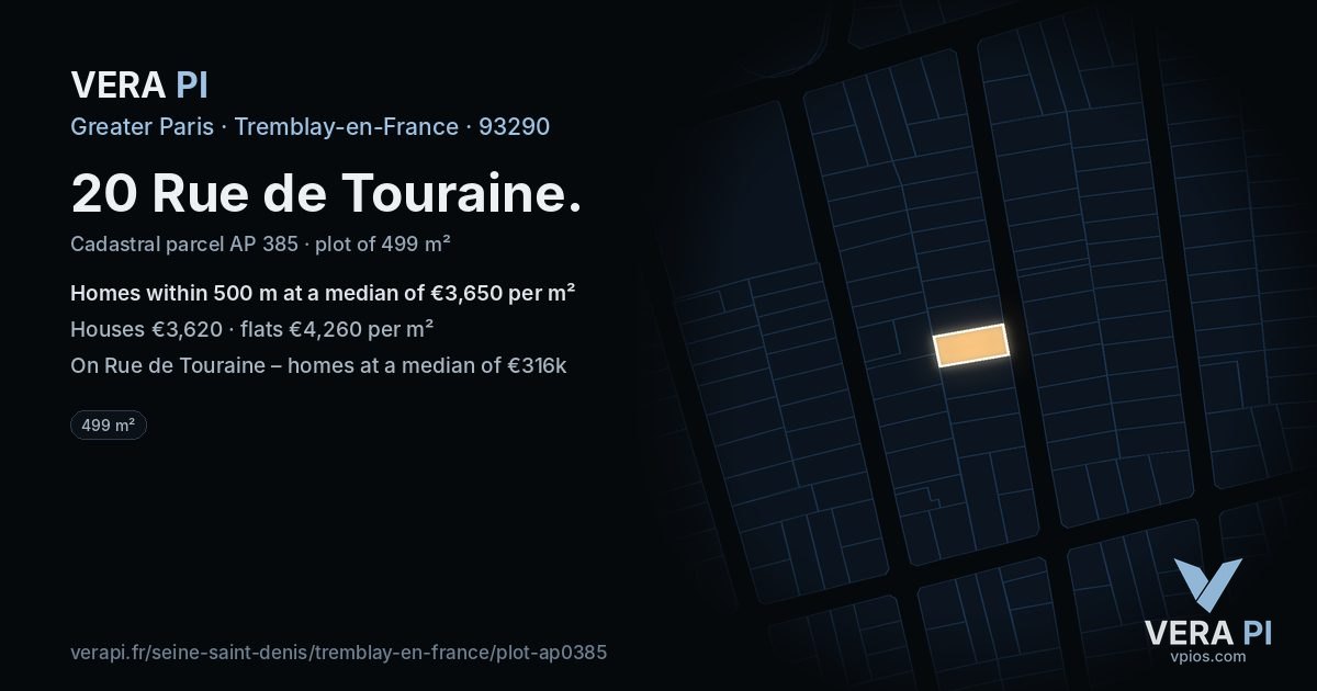 20 Rue de Touraine, Tremblay-en-France at night – the plot lit, the parcels around coloured by the prices near them