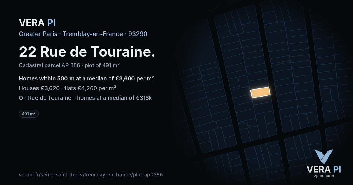 22 Rue de Touraine, Tremblay-en-France at night – the plot lit, the parcels around coloured by the prices near them