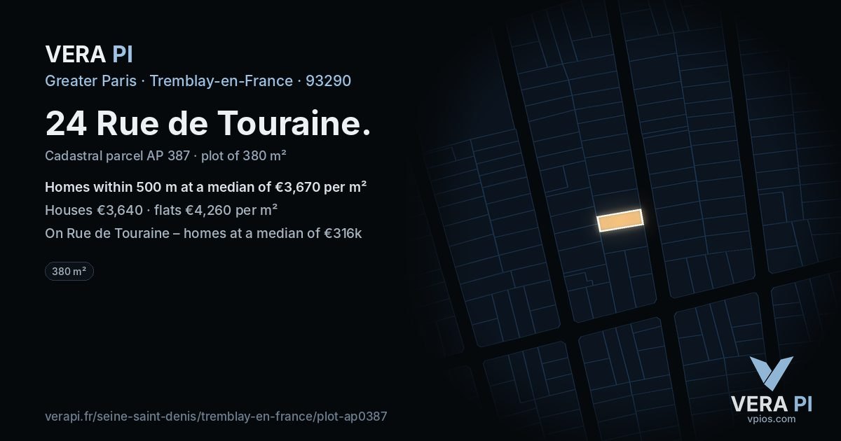 24 Rue de Touraine, Tremblay-en-France at night – the plot lit, the parcels around coloured by the prices near them