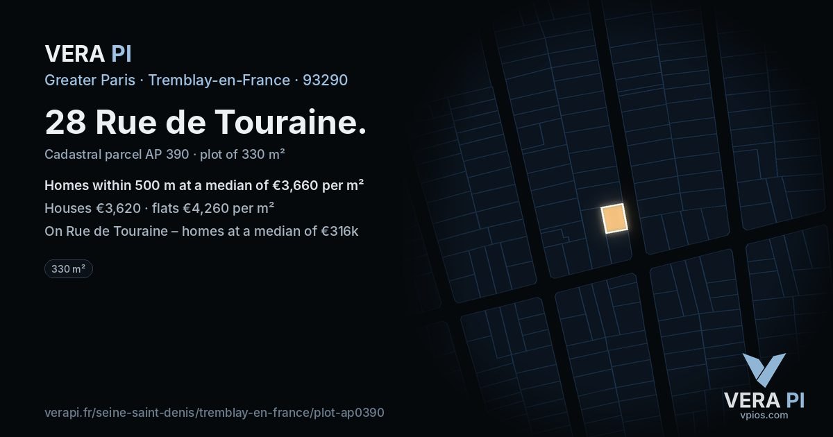 28 Rue de Touraine, Tremblay-en-France at night – the plot lit, the parcels around coloured by the prices near them