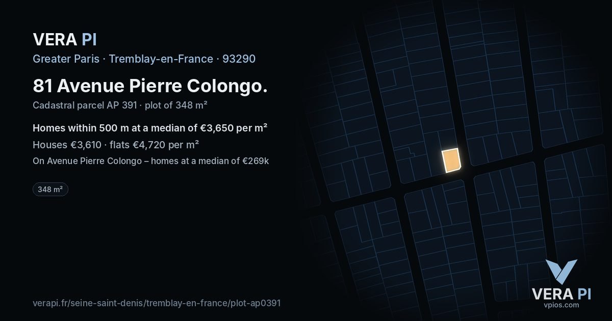 81 Avenue Pierre Colongo, Tremblay-en-France at night – the plot lit, the parcels around coloured by the prices near them