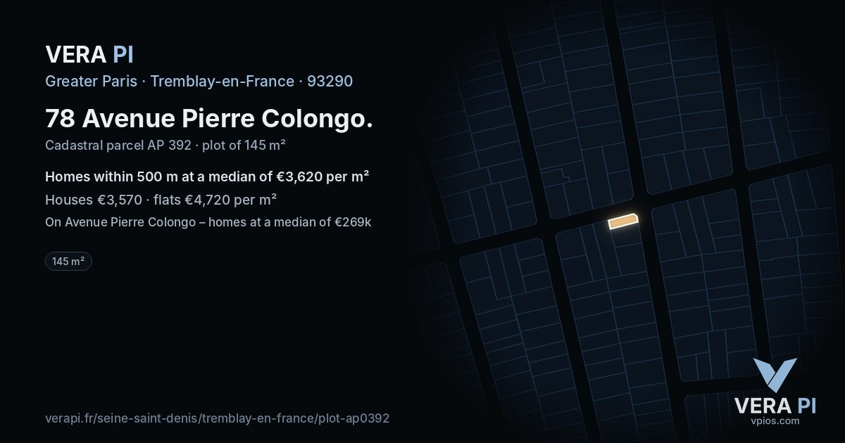 78 Avenue Pierre Colongo, Tremblay-en-France at night – the plot lit, the parcels around coloured by the prices near them