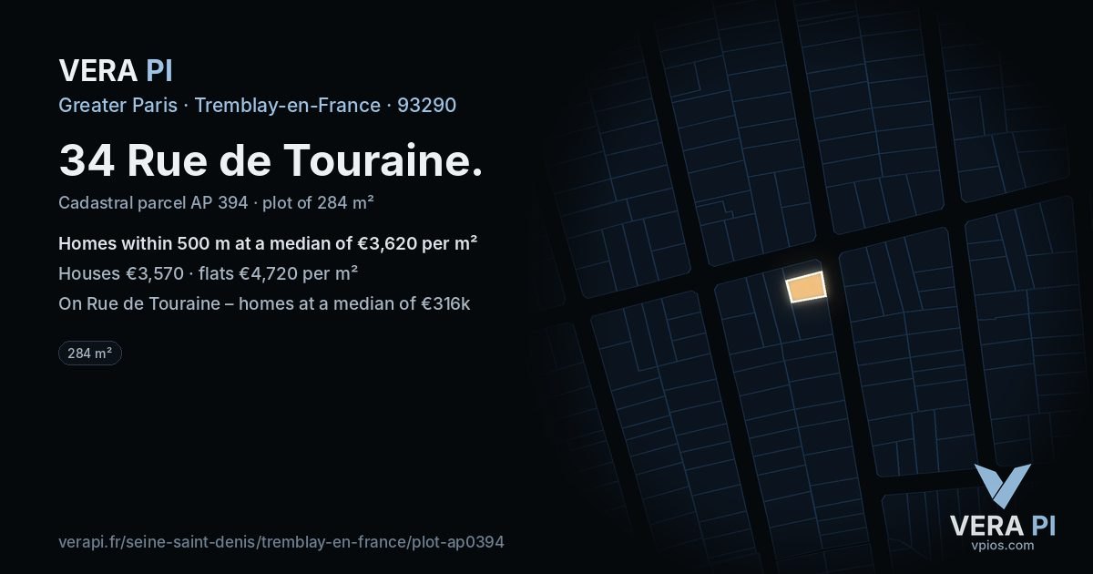 34 Rue de Touraine, Tremblay-en-France at night – the plot lit, the parcels around coloured by the prices near them