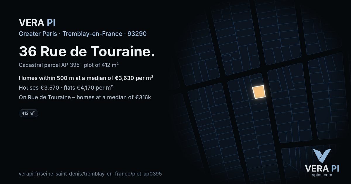 36 Rue de Touraine, Tremblay-en-France at night – the plot lit, the parcels around coloured by the prices near them
