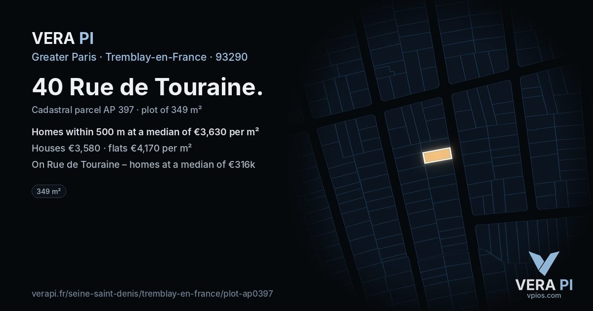 40 Rue de Touraine, Tremblay-en-France at night – the plot lit, the parcels around coloured by the prices near them