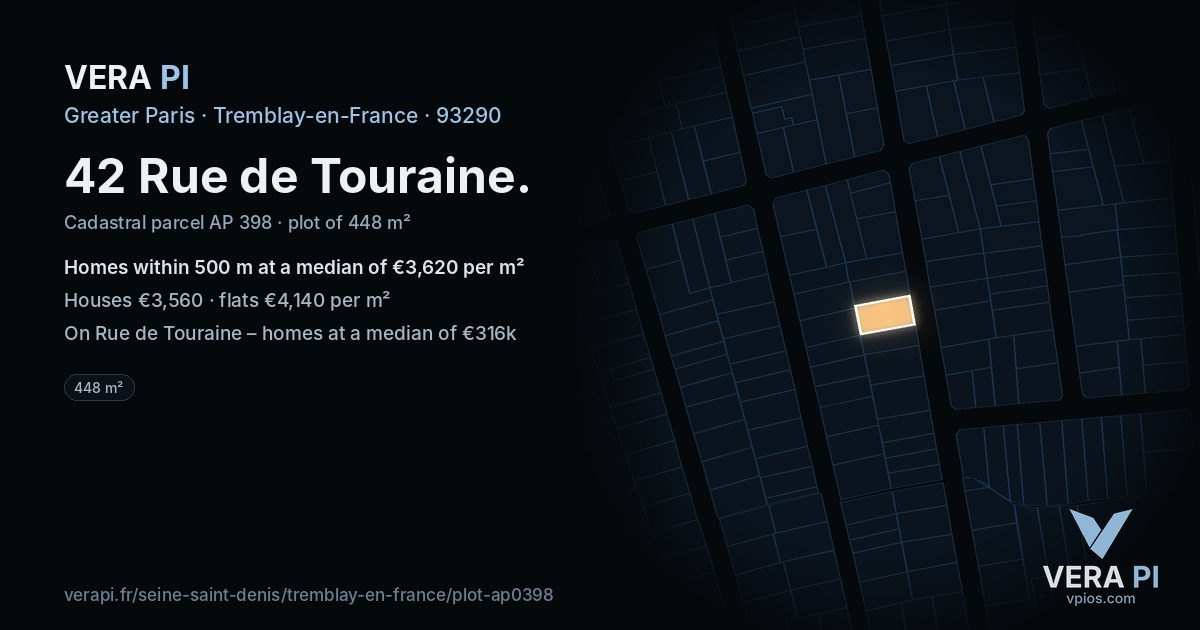 42 Rue de Touraine, Tremblay-en-France at night – the plot lit, the parcels around coloured by the prices near them