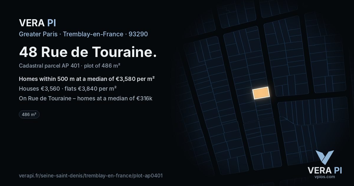 48 Rue de Touraine, Tremblay-en-France at night – the plot lit, the parcels around coloured by the prices near them