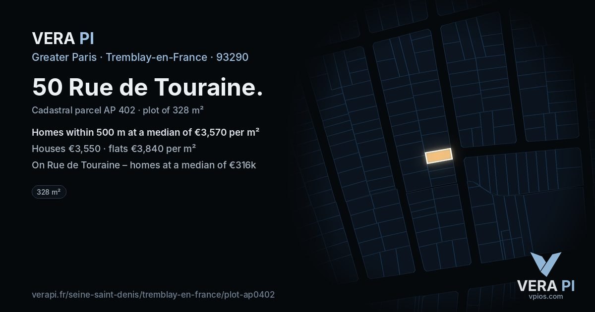 50 Rue de Touraine, Tremblay-en-France at night – the plot lit, the parcels around coloured by the prices near them