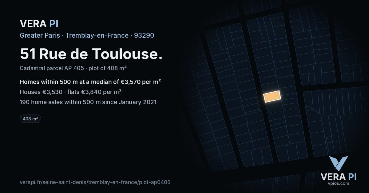 51 Rue de Toulouse, Tremblay-en-France at night – the plot lit, the parcels around coloured by the prices near them