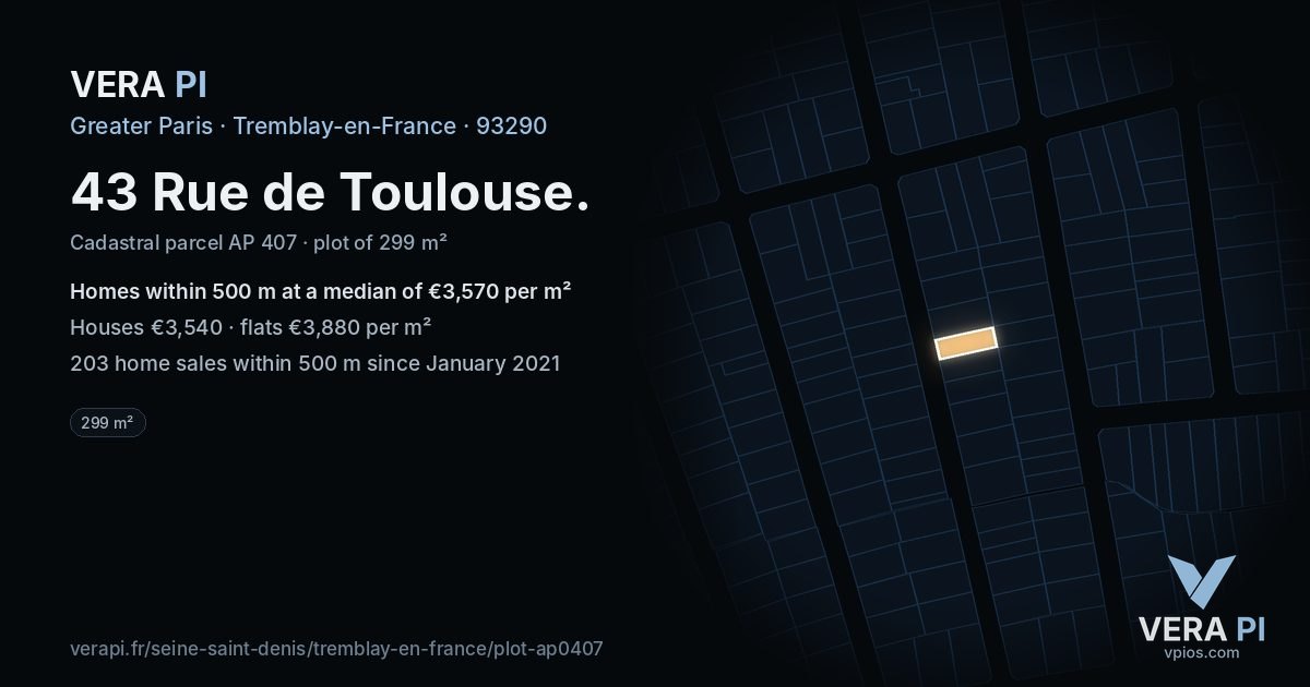 43 Rue de Toulouse, Tremblay-en-France at night – the plot lit, the parcels around coloured by the prices near them