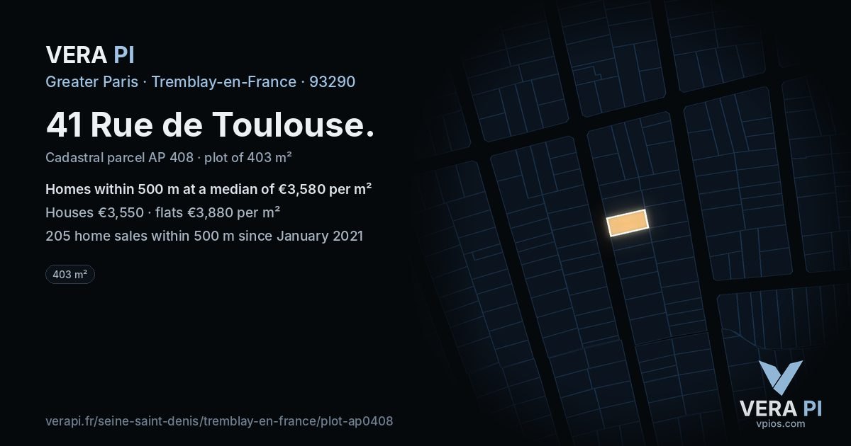 41 Rue de Toulouse, Tremblay-en-France at night – the plot lit, the parcels around coloured by the prices near them