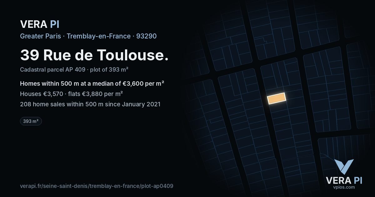 39 Rue de Toulouse, Tremblay-en-France at night – the plot lit, the parcels around coloured by the prices near them