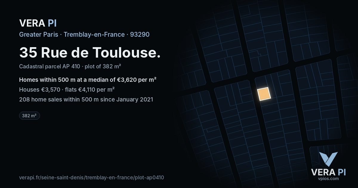 35 Rue de Toulouse, Tremblay-en-France at night – the plot lit, the parcels around coloured by the prices near them