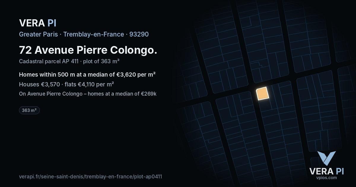 72 Avenue Pierre Colongo, Tremblay-en-France at night – the plot lit, the parcels around coloured by the prices near them