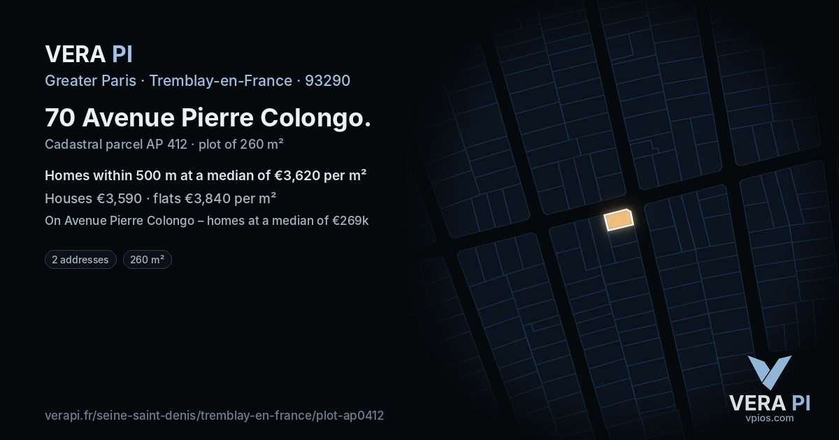 70 Avenue Pierre Colongo, Tremblay-en-France at night – the plot lit, the parcels around coloured by the prices near them