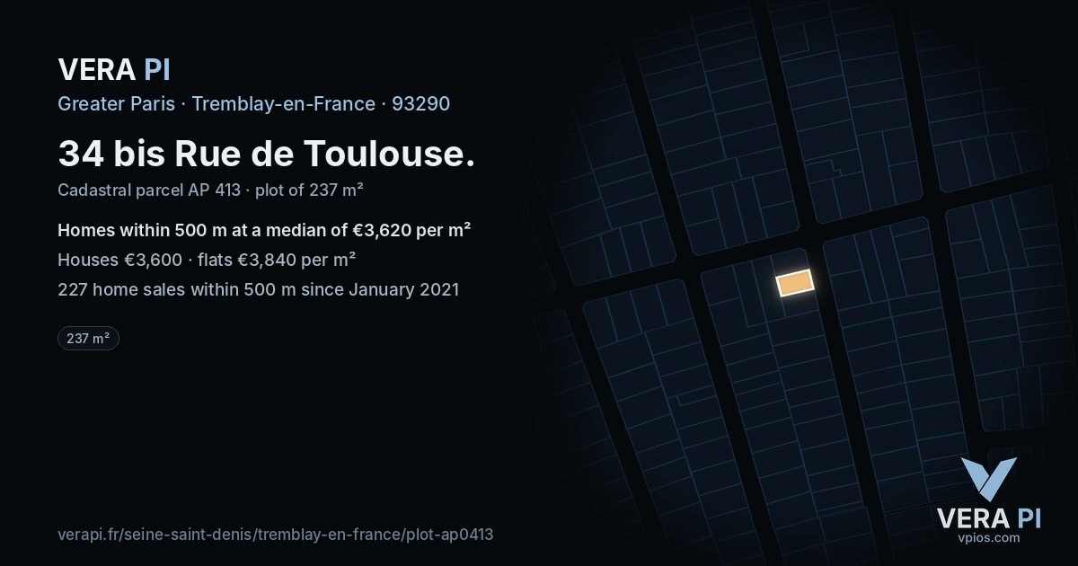 34 bis Rue de Toulouse, Tremblay-en-France at night – the plot lit, the parcels around coloured by the prices near them