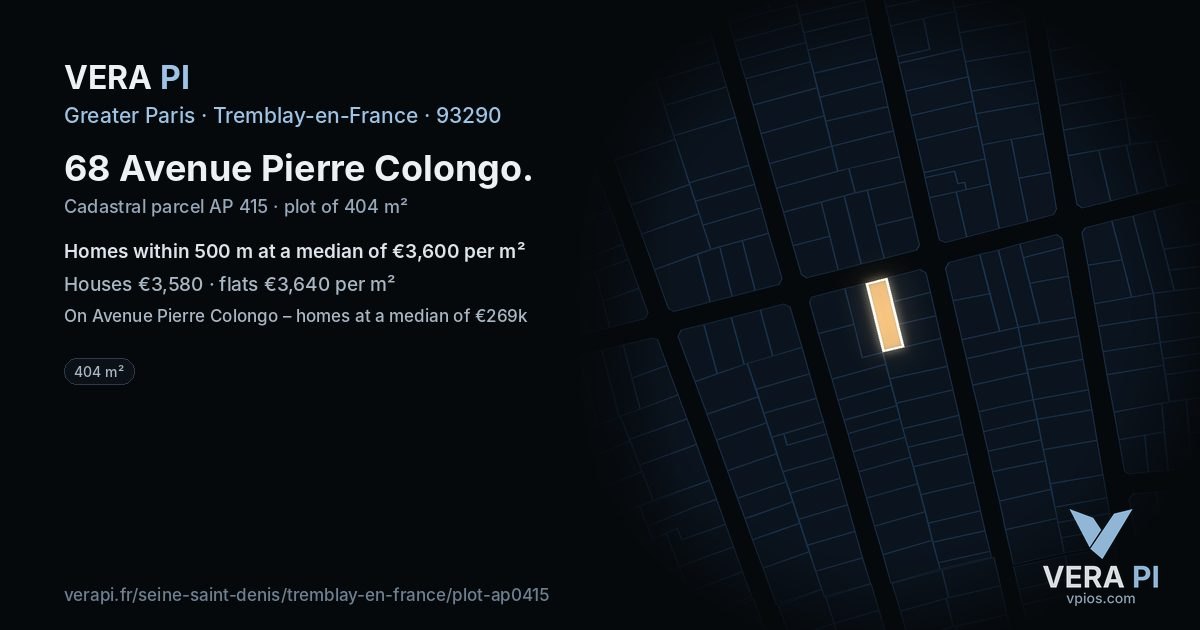 68 Avenue Pierre Colongo, Tremblay-en-France at night – the plot lit, the parcels around coloured by the prices near them
