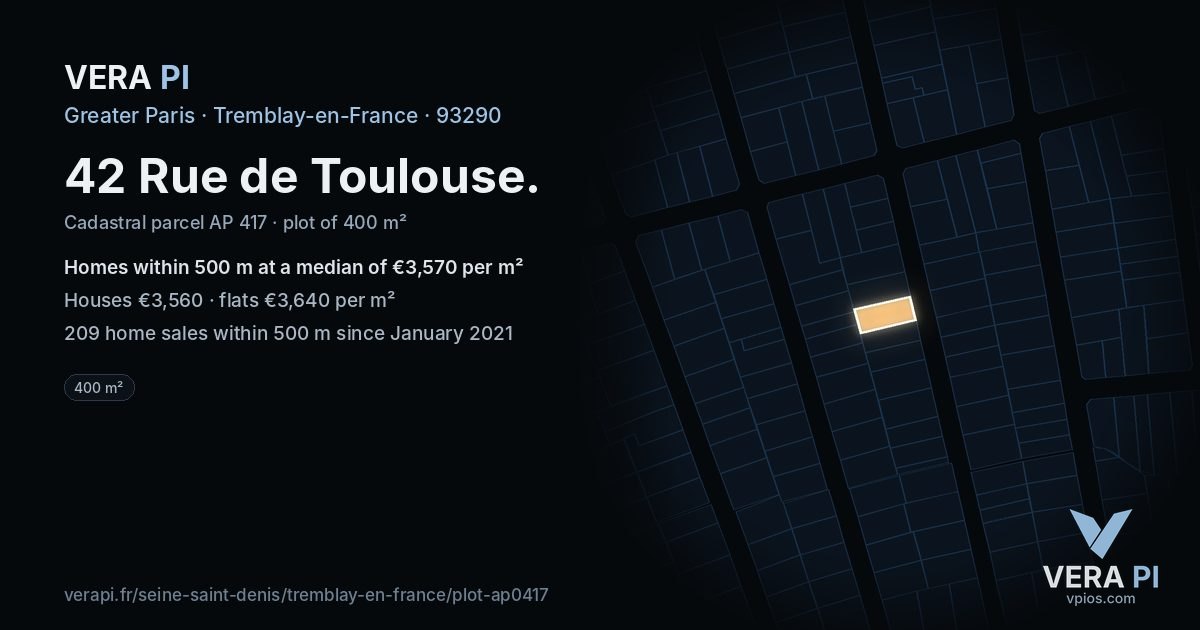 42 Rue de Toulouse, Tremblay-en-France at night – the plot lit, the parcels around coloured by the prices near them