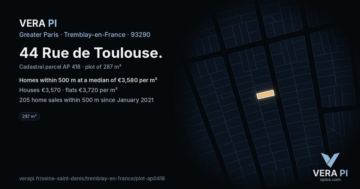 44 Rue de Toulouse, Tremblay-en-France at night – the plot lit, the parcels around coloured by the prices near them