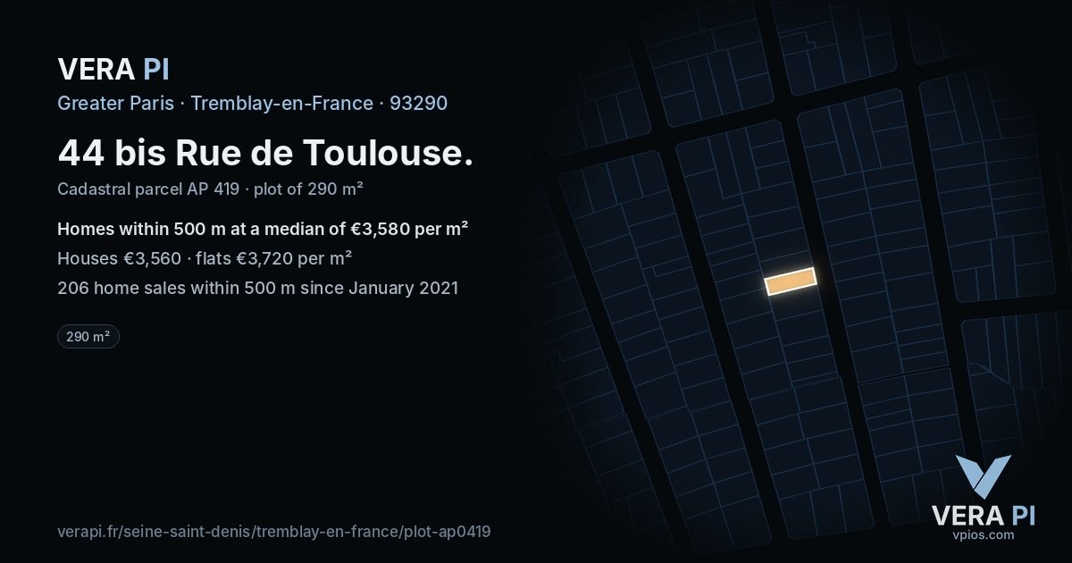 44 bis Rue de Toulouse, Tremblay-en-France at night – the plot lit, the parcels around coloured by the prices near them