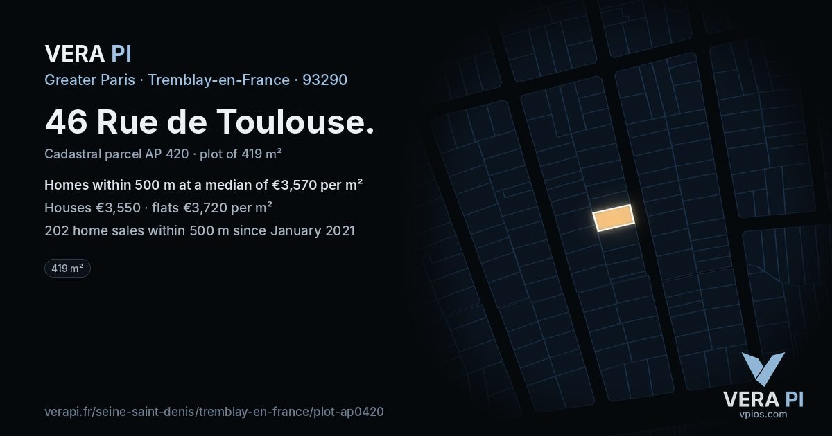 46 Rue de Toulouse, Tremblay-en-France at night – the plot lit, the parcels around coloured by the prices near them