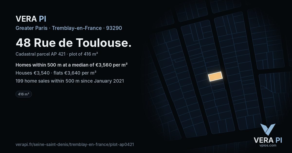 48 Rue de Toulouse, Tremblay-en-France at night – the plot lit, the parcels around coloured by the prices near them