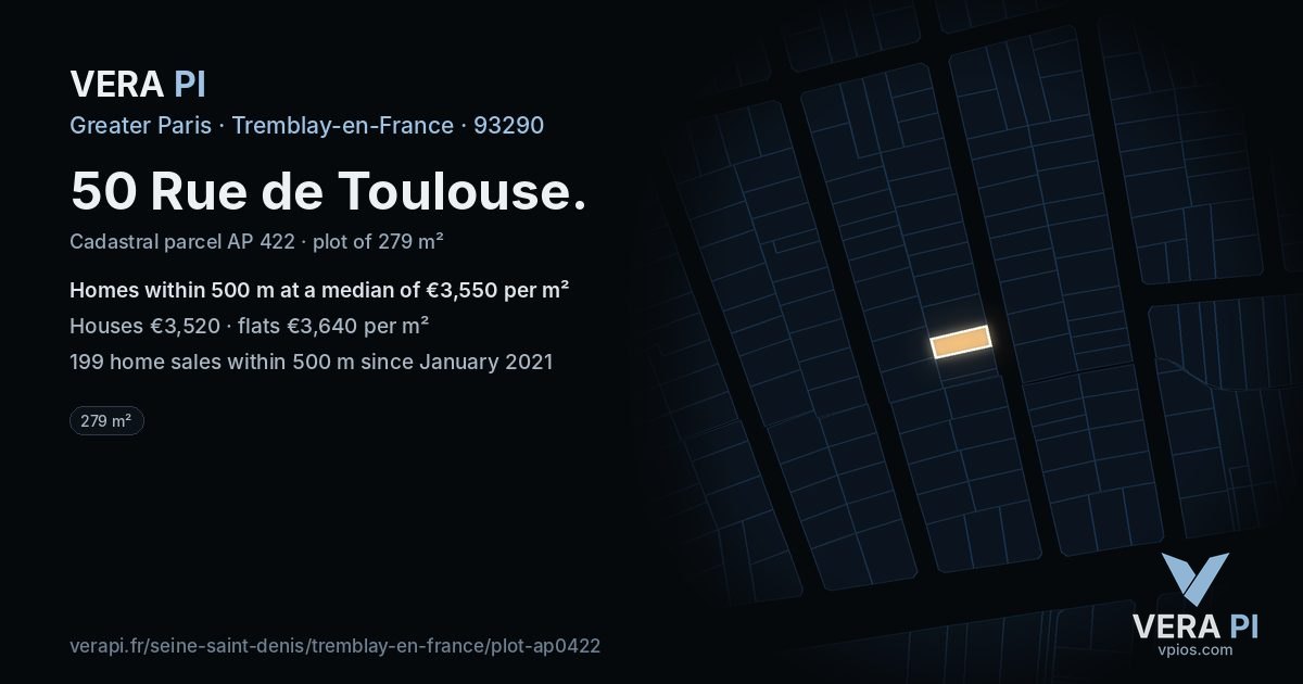 50 Rue de Toulouse, Tremblay-en-France at night – the plot lit, the parcels around coloured by the prices near them