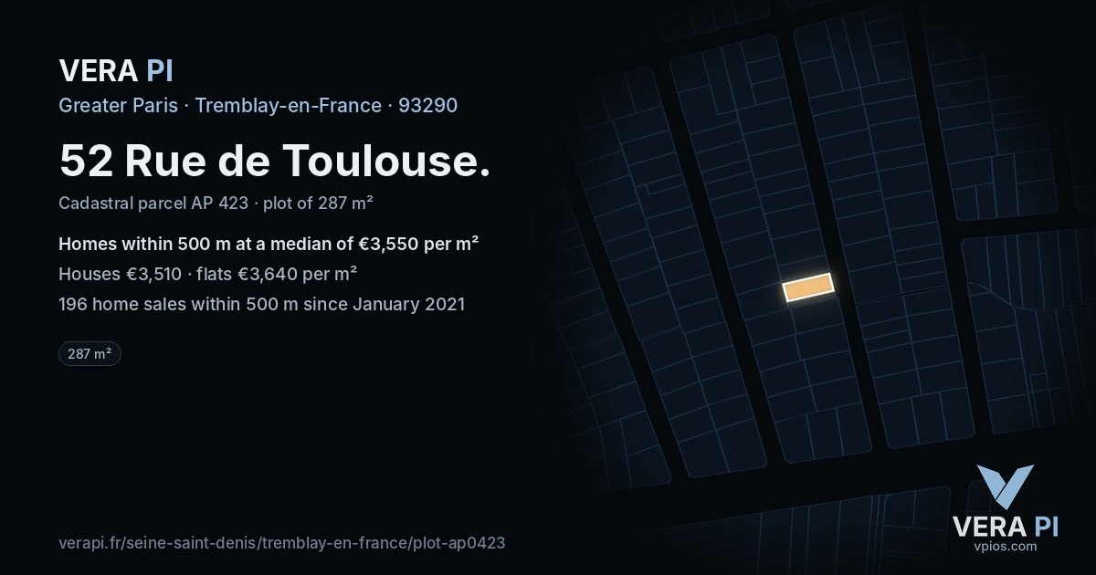 52 Rue de Toulouse, Tremblay-en-France at night – the plot lit, the parcels around coloured by the prices near them