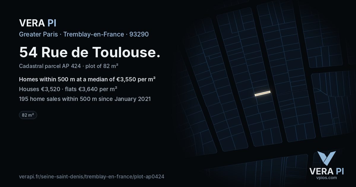 54 Rue de Toulouse, Tremblay-en-France at night – the plot lit, the parcels around coloured by the prices near them