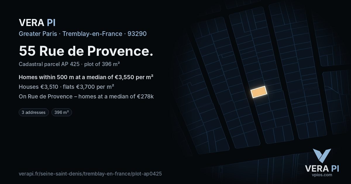 55 Rue de Provence, Tremblay-en-France at night – the plot lit, the parcels around coloured by the prices near them