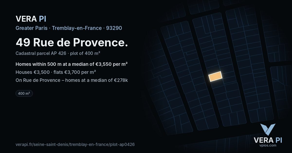 49 Rue de Provence, Tremblay-en-France at night – the plot lit, the parcels around coloured by the prices near them