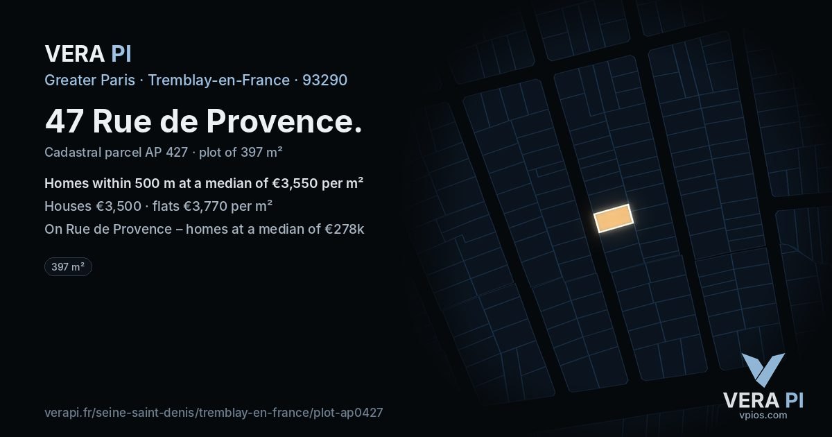 47 Rue de Provence, Tremblay-en-France at night – the plot lit, the parcels around coloured by the prices near them