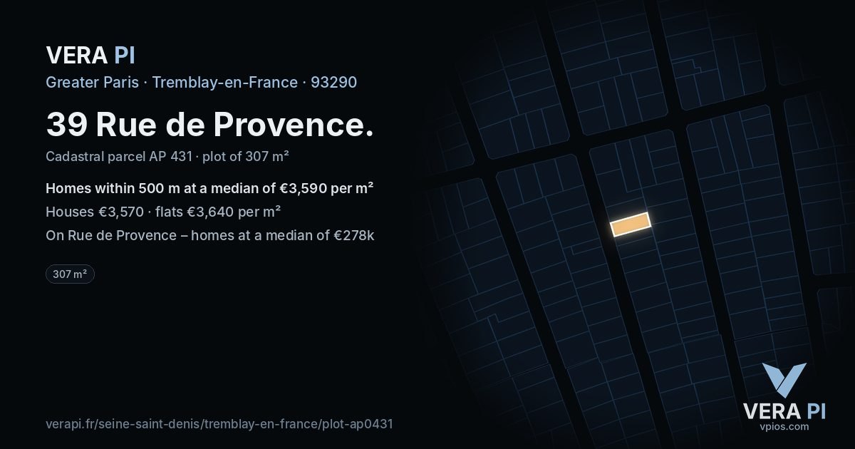 39 Rue de Provence, Tremblay-en-France at night – the plot lit, the parcels around coloured by the prices near them