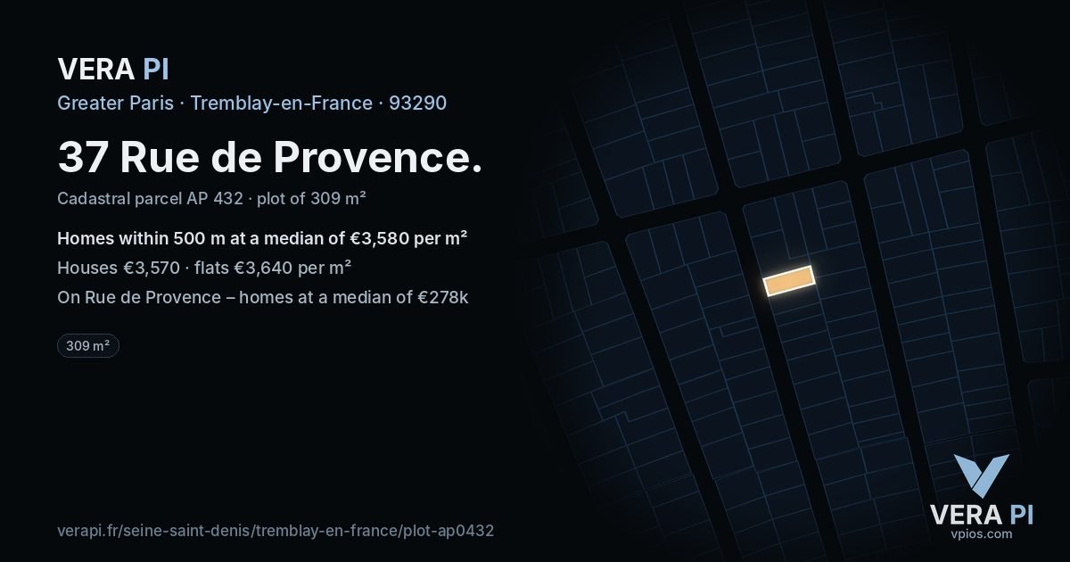 37 Rue de Provence, Tremblay-en-France at night – the plot lit, the parcels around coloured by the prices near them
