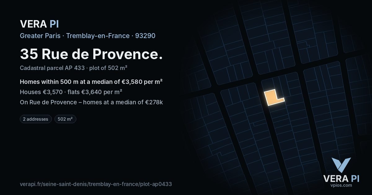 35 Rue de Provence, Tremblay-en-France at night – the plot lit, the parcels around coloured by the prices near them