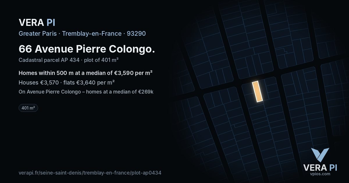 66 Avenue Pierre Colongo, Tremblay-en-France at night – the plot lit, the parcels around coloured by the prices near them