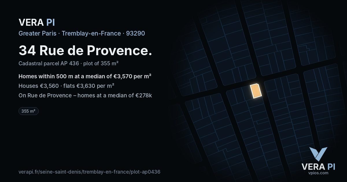 34 Rue de Provence, Tremblay-en-France at night – the plot lit, the parcels around coloured by the prices near them