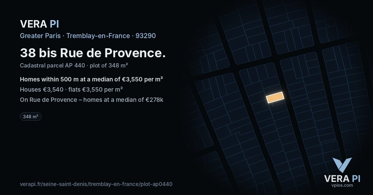 38 bis Rue de Provence, Tremblay-en-France at night – the plot lit, the parcels around coloured by the prices near them